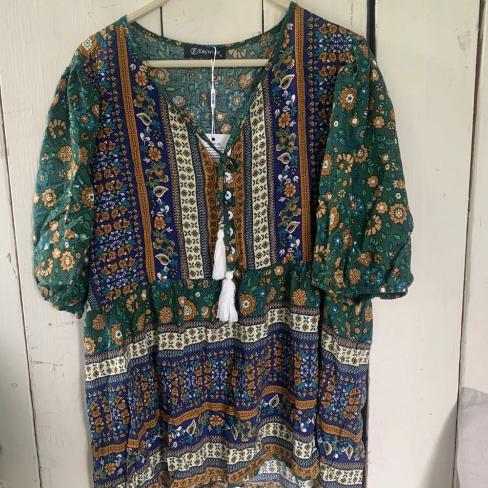 KAYWIDE Women's Casual Boho Green Top Loose Floral Printed Long Sleeve Beach XL